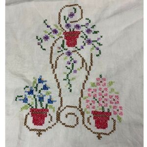 Vintage Cross Stich Kitchen Tea Towel  Floral Weeping Vines In Iron Plant Stand